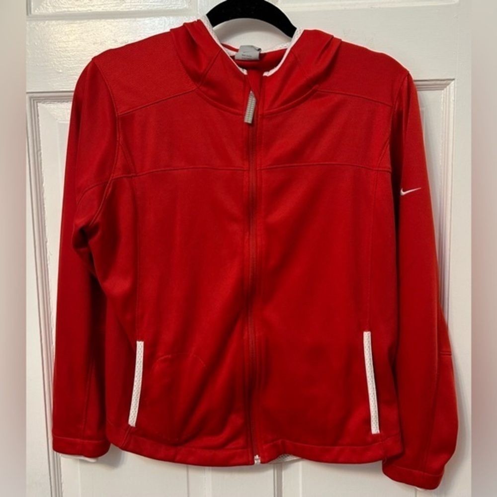 Women’s Red Nike DriFit Hooded Jacket Sz M | Full Zip Double Pocket